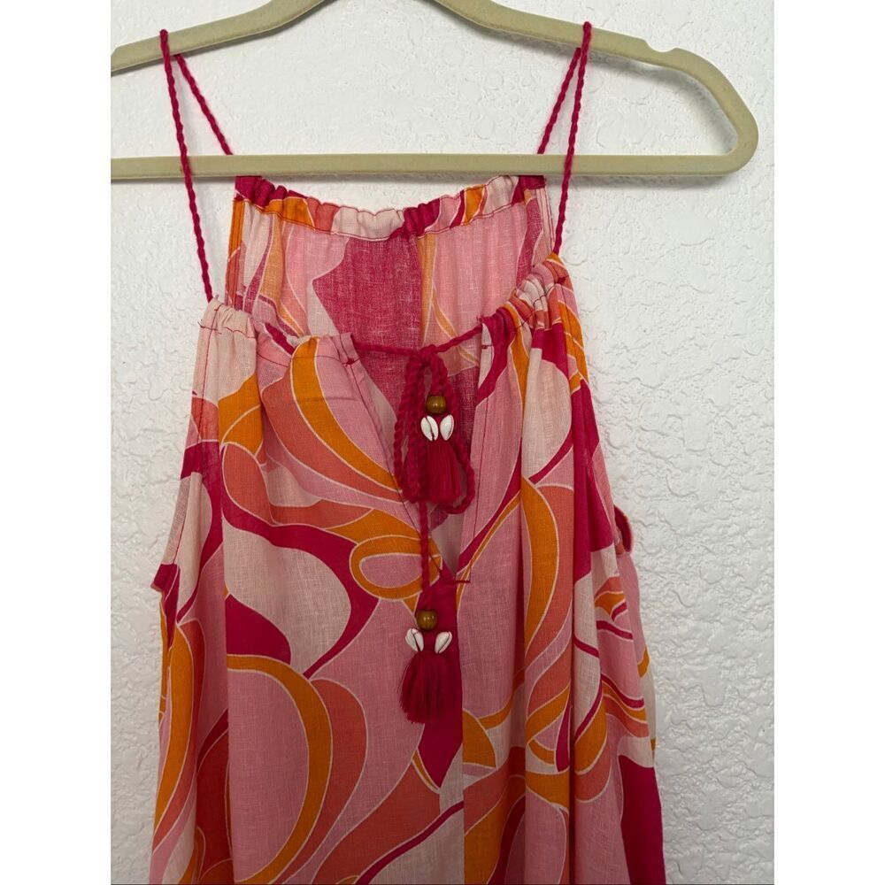 Rachel Zoe Linen Blend Maxi Dress Pink Orange Abstract Print Tassel Shell Size L - Picture 7 of 12